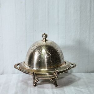 Silver Floral Engraved Dome Serving Dish